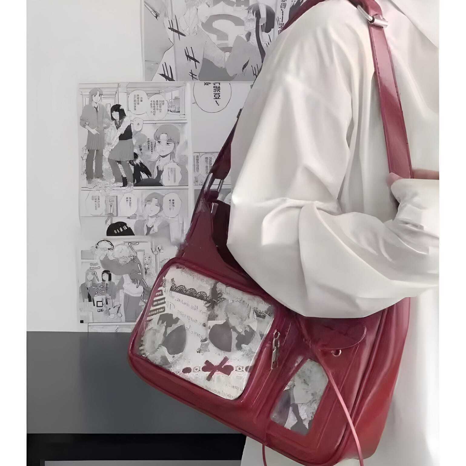 Silver Kawaii Ita Shoulder Bag with Clear Window for Plushies and Pins Silver Kawaii Ita Shoulder Bag with Clear Window for Plushies and Pins