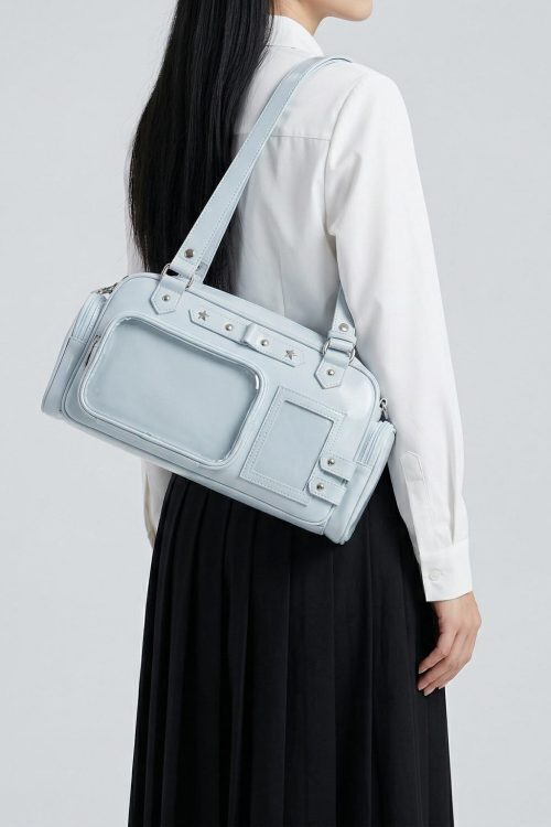 Silver Kawaii Y2K Convertible Ita Bag with Clear Window for Pin Display