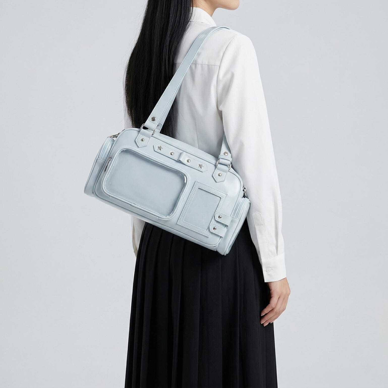 Silver Kawaii Y2K Convertible Ita Bag with Clear Window for Pin Display Silver Kawaii Y2K Convertible Ita Bag with Clear Window for Pin Display