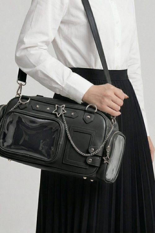 Silver Kawaii Y2K Convertible Ita Bag with Clear Window for Pin Display