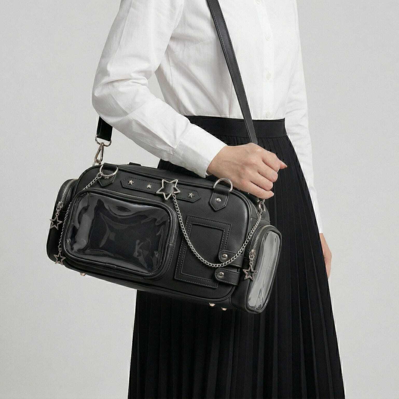 Silver Kawaii Y2K Convertible Ita Bag with Clear Window for Pin Display Silver Kawaii Y2K Convertible Ita Bag with Clear Window for Pin Display