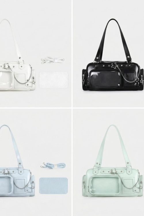 Silver Kawaii Y2K Convertible Ita Bag with Clear Window for Pin Display
