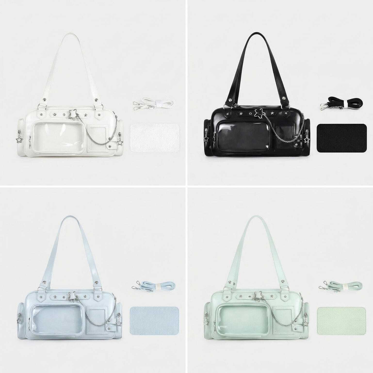 Silver Kawaii Y2K Convertible Ita Bag with Clear Window for Pin Display Silver Kawaii Y2K Convertible Ita Bag with Clear Window for Pin Display
