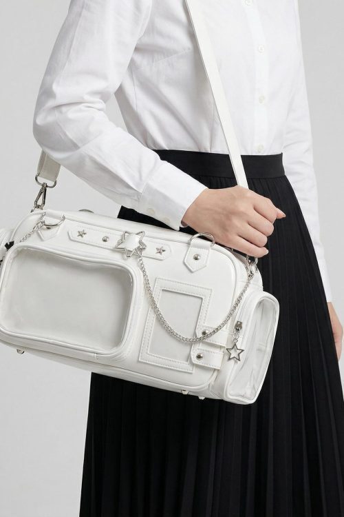 Silver Kawaii Y2K Convertible Ita Bag with Clear Window for Pin Display