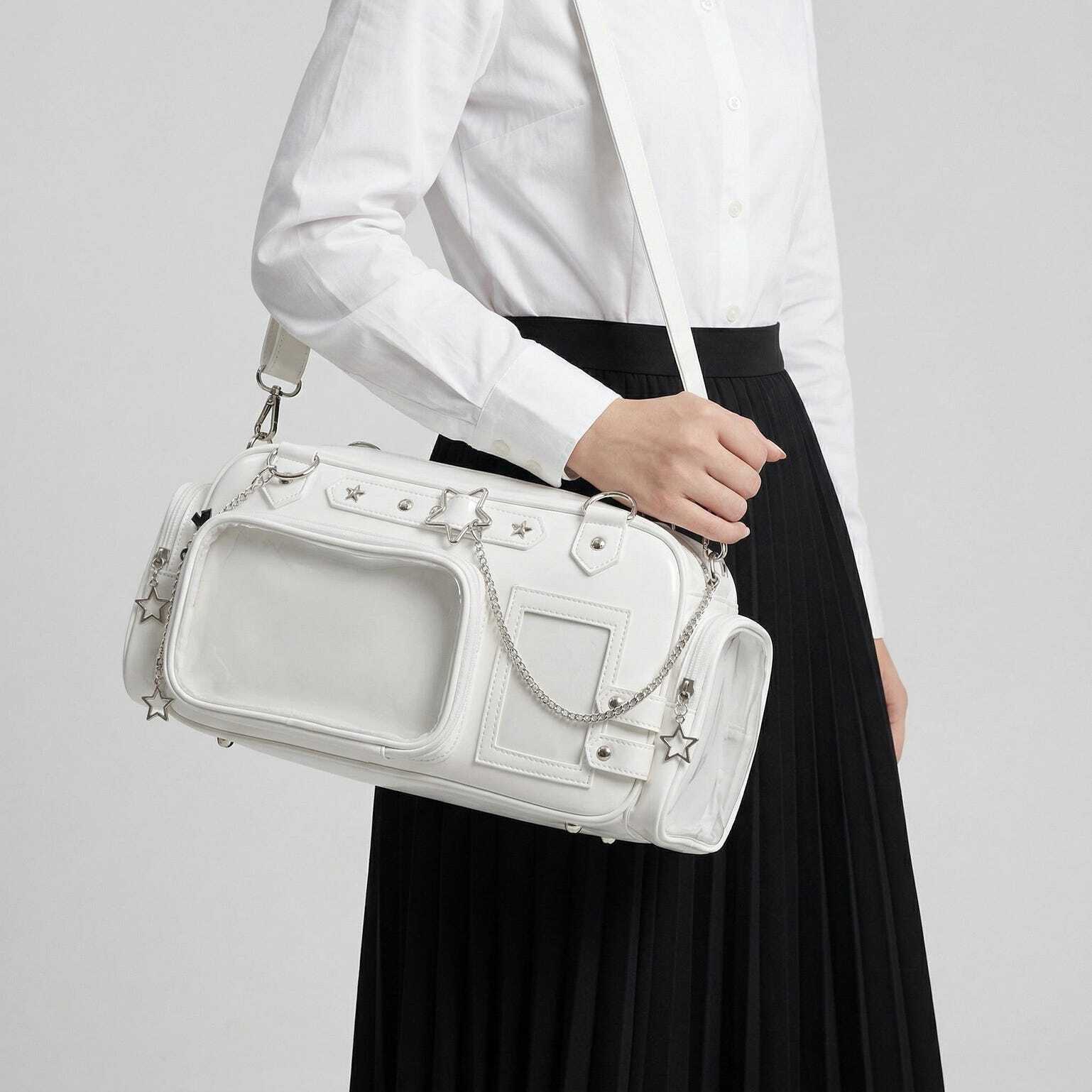 Silver Kawaii Y2K Convertible Ita Bag with Clear Window for Pin Display Silver Kawaii Y2K Convertible Ita Bag with Clear Window for Pin Display