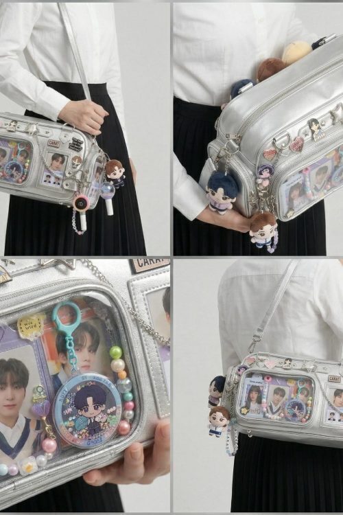 Silver Kawaii Y2K Convertible Ita Bag with Clear Window for Pin Display