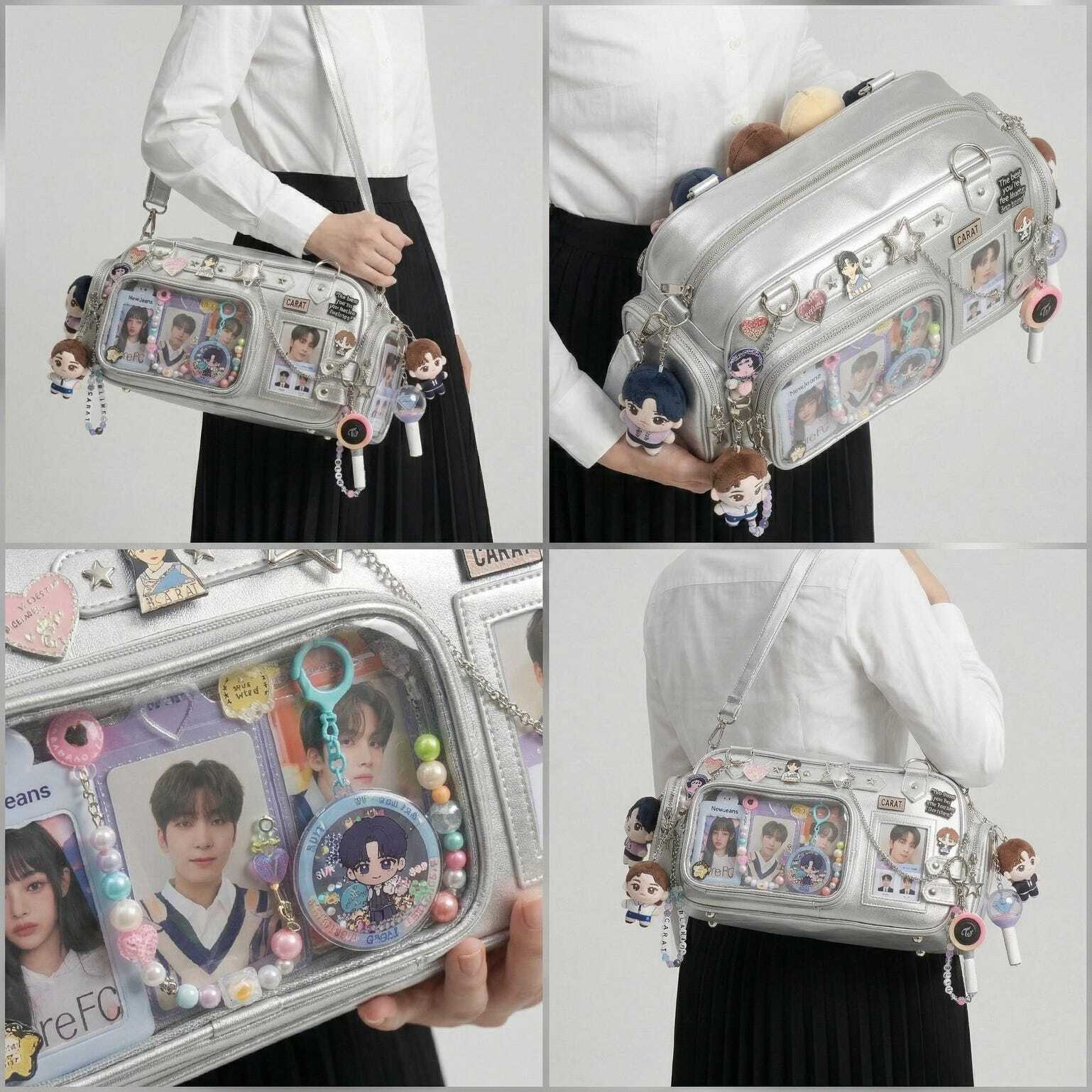 Silver Kawaii Y2K Convertible Ita Bag with Clear Window for Pin Display Silver Kawaii Y2K Convertible Ita Bag with Clear Window for Pin Display