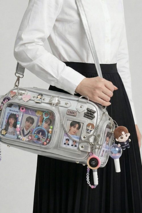 Silver Kawaii Y2K Convertible Ita Bag with Clear Window for Pin Display