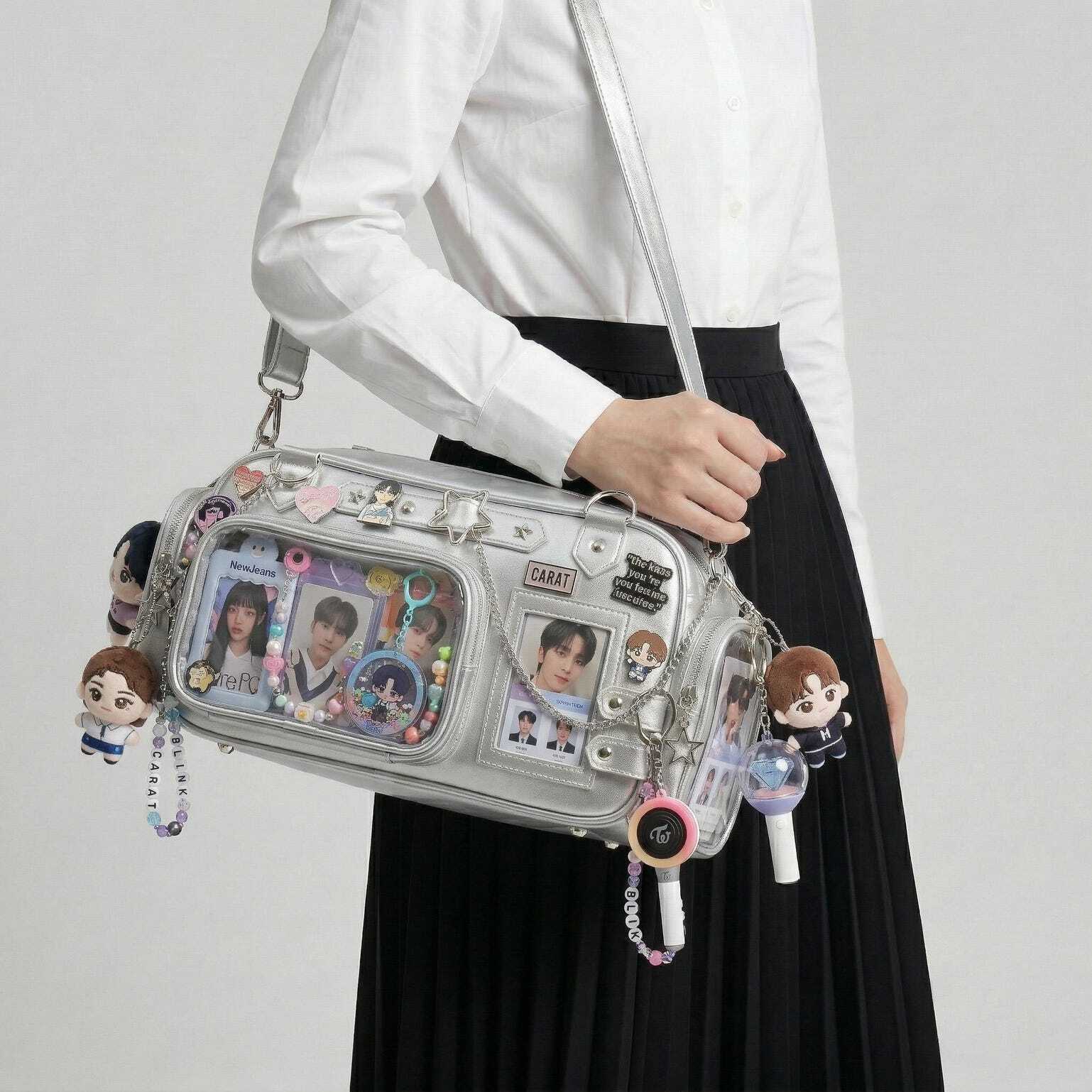 Silver Kawaii Y2K Convertible Ita Bag with Clear Window for Pin Display Silver Kawaii Y2K Convertible Ita Bag with Clear Window for Pin Display