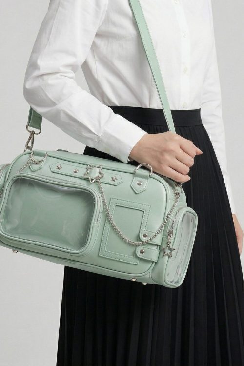 Silver Kawaii Y2K Convertible Ita Bag with Clear Window for Pin Display