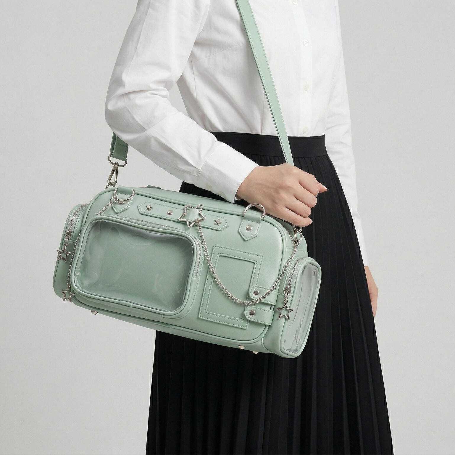 Silver Kawaii Y2K Convertible Ita Bag with Clear Window for Pin Display Silver Kawaii Y2K Convertible Ita Bag with Clear Window for Pin Display