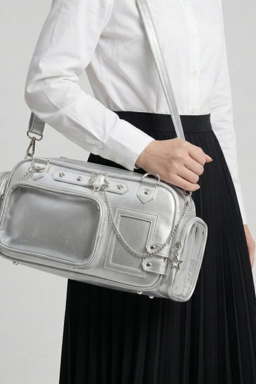 Silver Kawaii Y2K Convertible Ita Bag with Clear Window for Pin Display