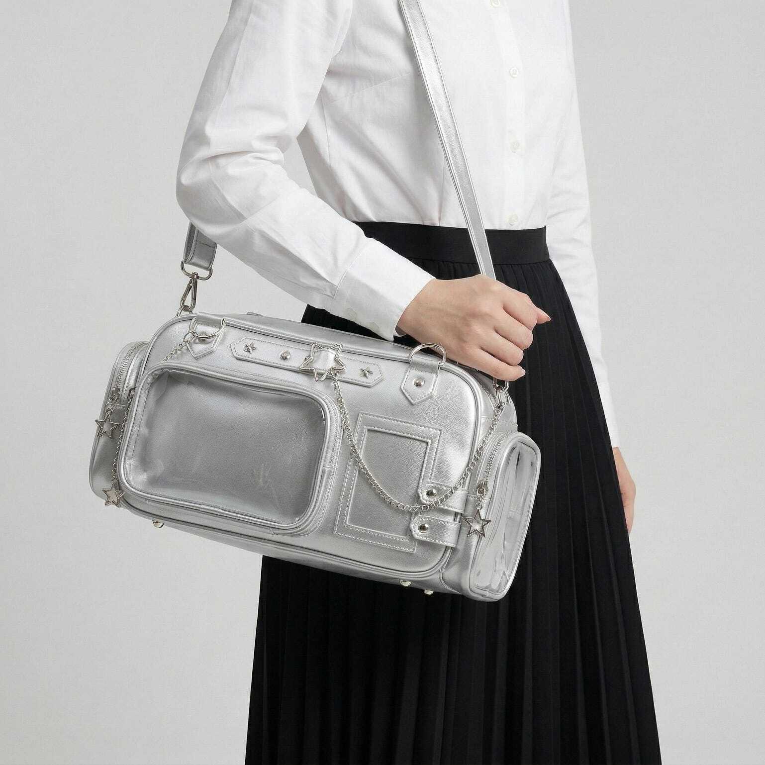 Silver Kawaii Y2K Convertible Ita Bag with Clear Window for Pin Display Silver Kawaii Y2K Convertible Ita Bag with Clear Window for Pin Display