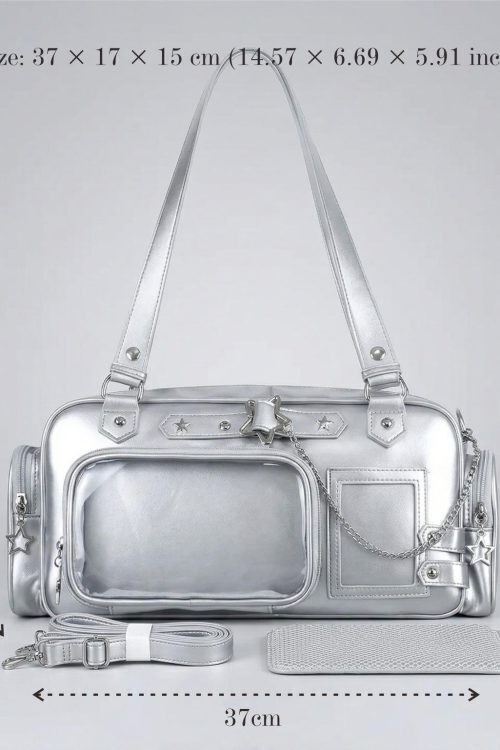 Silver Kawaii Y2K Convertible Ita Bag with Clear Window for Pin Display