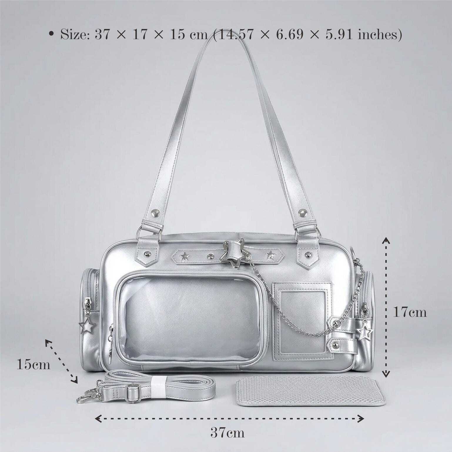 Silver Kawaii Y2K Convertible Ita Bag with Clear Window for Pin Display Silver Kawaii Y2K Convertible Ita Bag with Clear Window for Pin Display