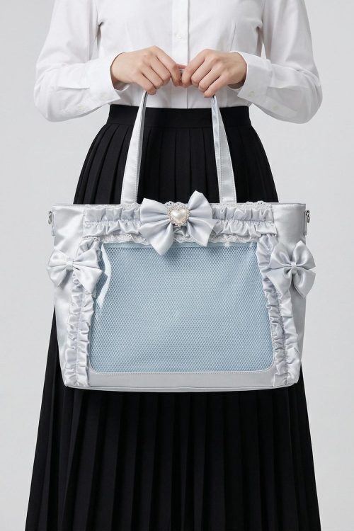 Silver Kawaii Y2K Ita Backpack with Clear Window for Pin Display