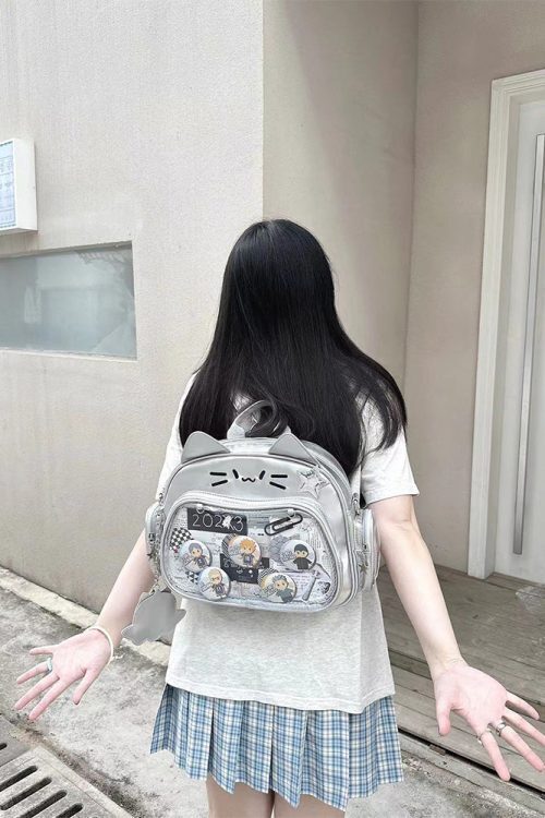 Silver Y2K Cat Backpack with Clear Window for Plushies and Pins