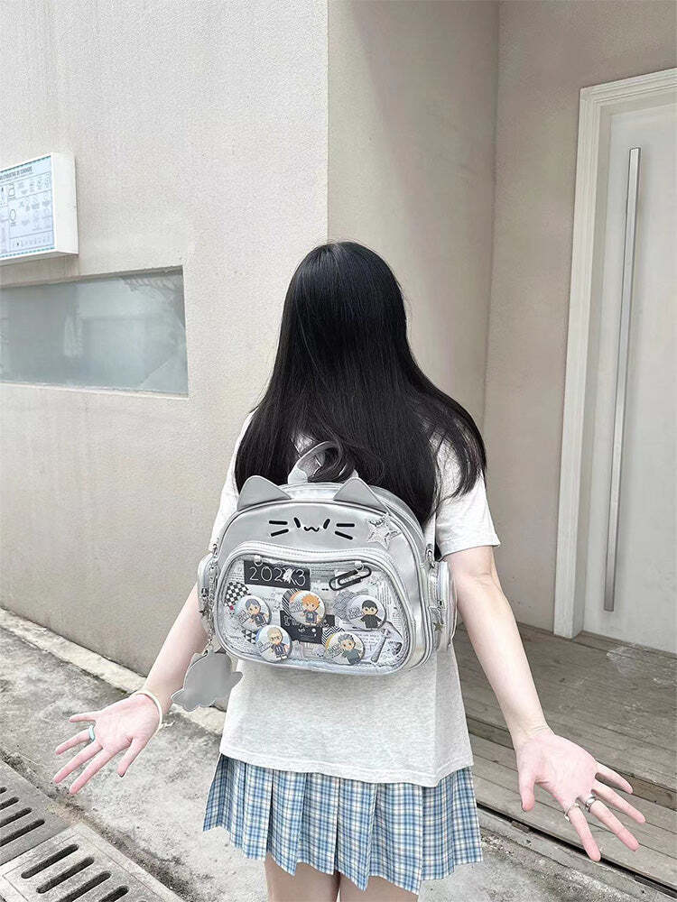Silver Y2K Cat Backpack with Clear Window for Plushies and Pins Silver Y2K Cat Backpack with Clear Window for Plushies and Pins