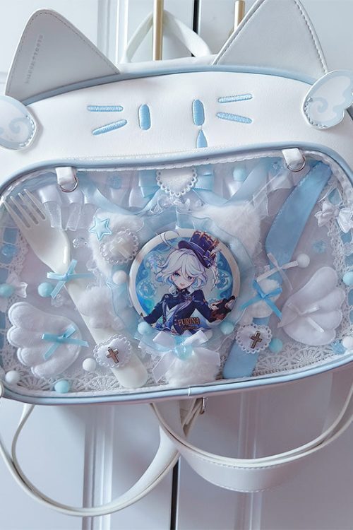 Silver Y2K Cat Backpack with Clear Window for Plushies and Pins