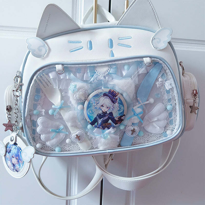 Silver Y2K Cat Backpack with Clear Window for Plushies and Pins Silver Y2K Cat Backpack with Clear Window for Plushies and Pins