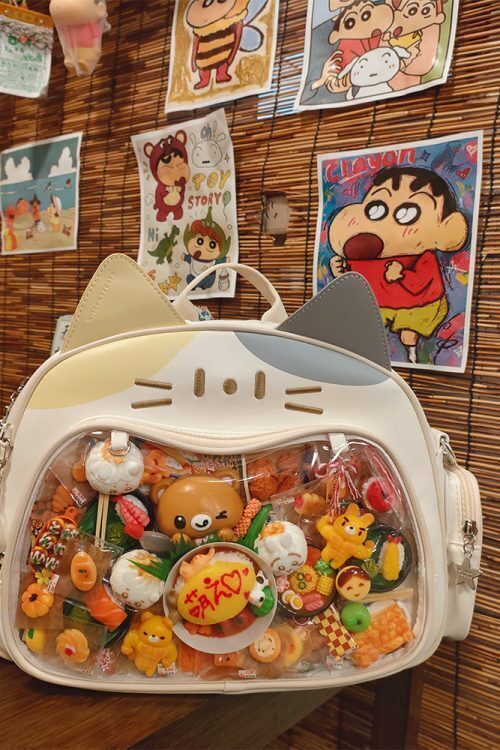 Silver Y2K Cat Backpack with Clear Window for Plushies and Pins