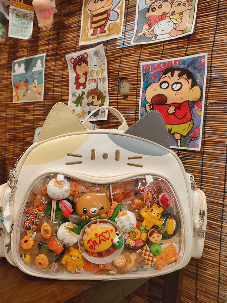 Silver Y2K Cat Backpack with Clear Window for Plushies and Pins Silver Y2K Cat Backpack with Clear Window for Plushies and Pins