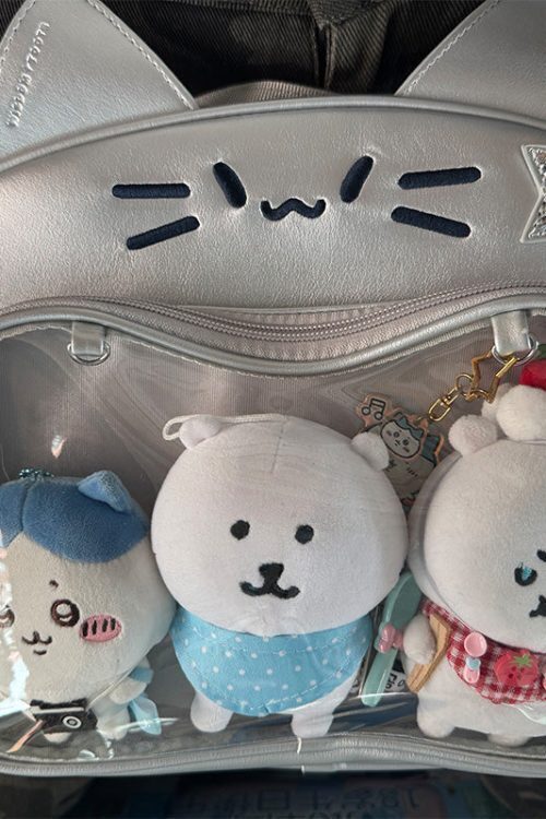 Silver Y2K Cat Backpack with Clear Window for Plushies and Pins