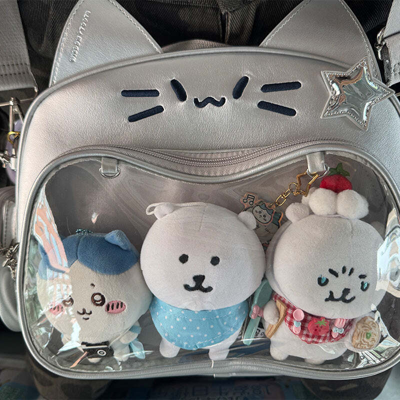 Silver Y2K Cat Backpack with Clear Window for Plushies and Pins Silver Y2K Cat Backpack with Clear Window for Plushies and Pins
