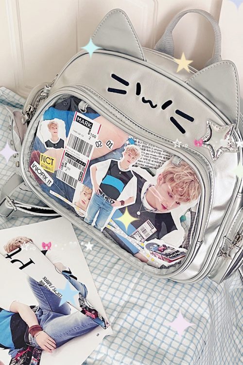 Silver Y2K Cat Backpack with Clear Window for Plushies and Pins