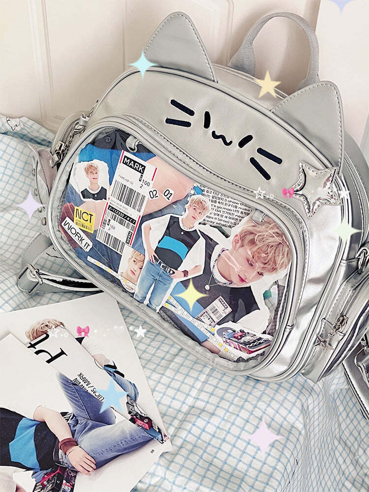 Silver Y2K Cat Backpack with Clear Window for Plushies and Pins Silver Y2K Cat Backpack with Clear Window for Plushies and Pins