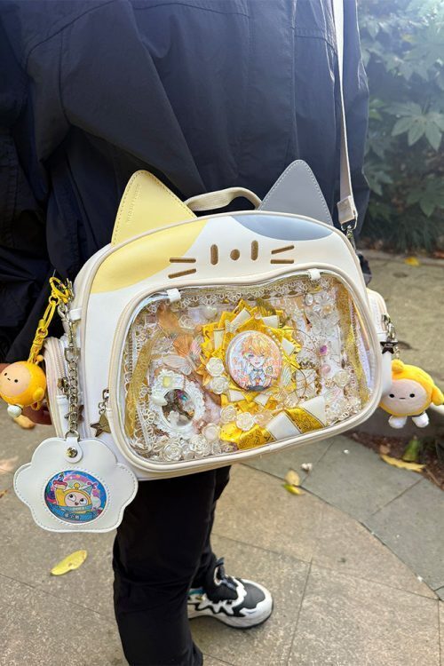 Silver Y2K Cat Backpack with Clear Window for Plushies and Pins