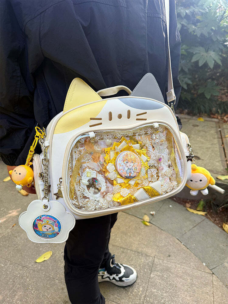 Silver Y2K Cat Backpack with Clear Window for Plushies and Pins Silver Y2K Cat Backpack with Clear Window for Plushies and Pins