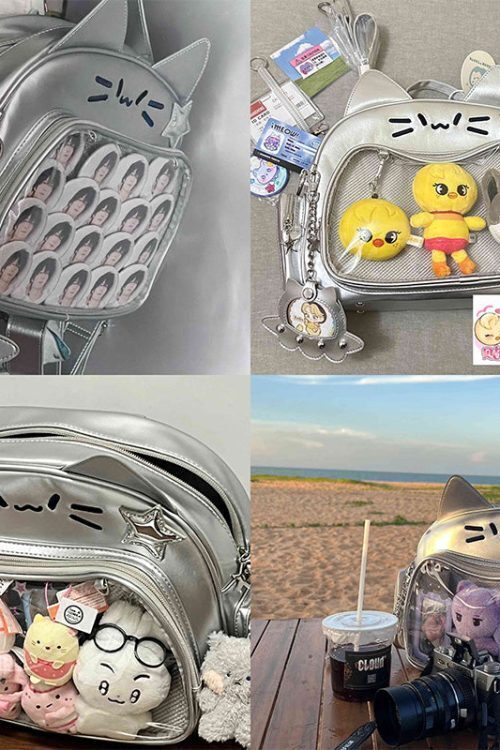 Silver Y2K Cat Backpack with Clear Window for Plushies and Pins