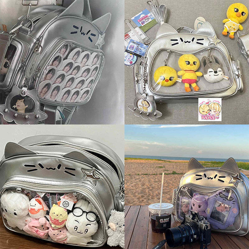 Silver Y2K Cat Backpack with Clear Window for Plushies and Pins Silver Y2K Cat Backpack with Clear Window for Plushies and Pins