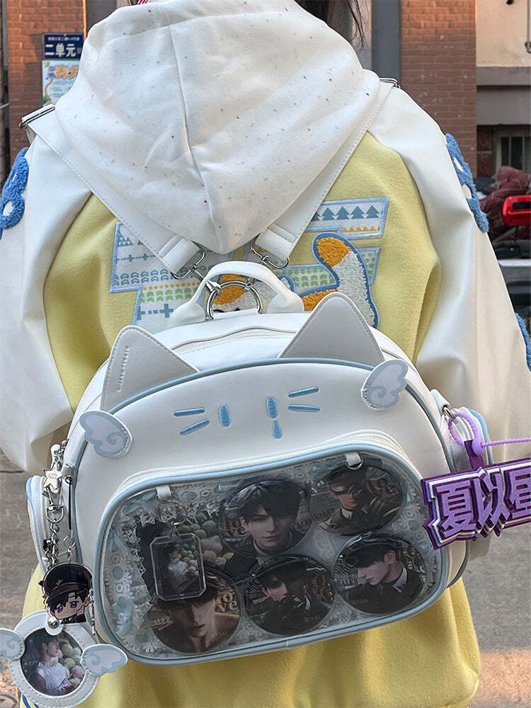 Silver Y2K Cat Backpack with Clear Window for Plushies and Pins Silver Y2K Cat Backpack with Clear Window for Plushies and Pins