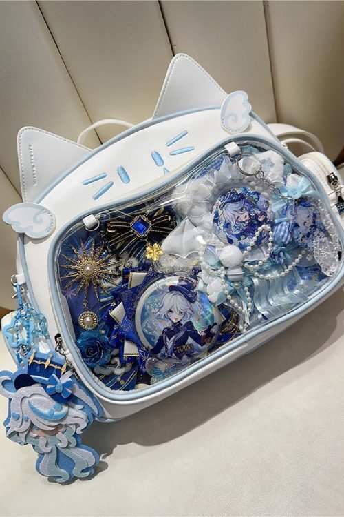 Silver Y2K Cat Backpack with Clear Window for Plushies and Pins