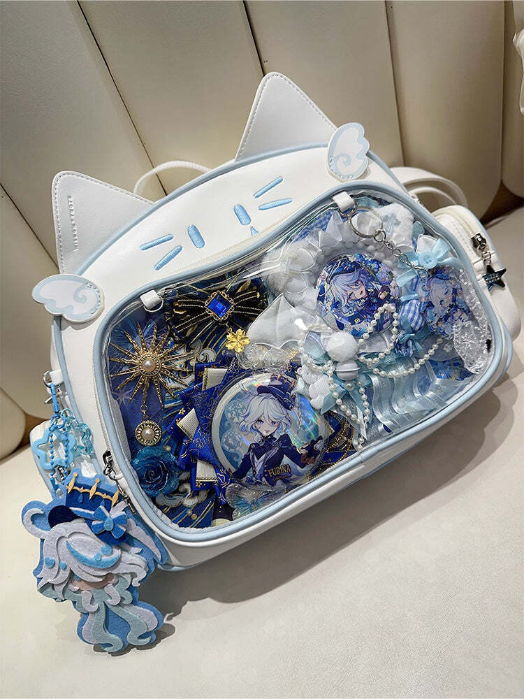 Silver Y2K Cat Backpack with Clear Window for Plushies and Pins Silver Y2K Cat Backpack with Clear Window for Plushies and Pins