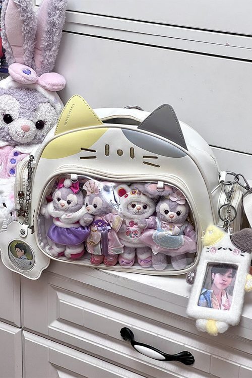 Silver Y2K Cat Backpack with Clear Window for Plushies and Pins