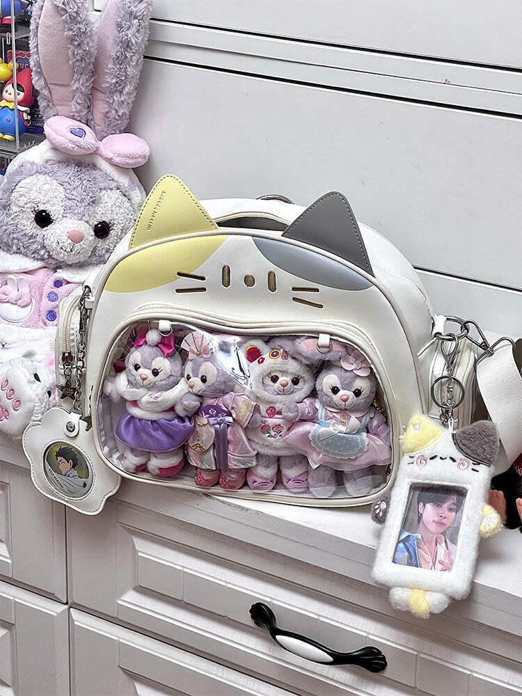Silver Y2K Cat Backpack with Clear Window for Plushies and Pins Silver Y2K Cat Backpack with Clear Window for Plushies and Pins