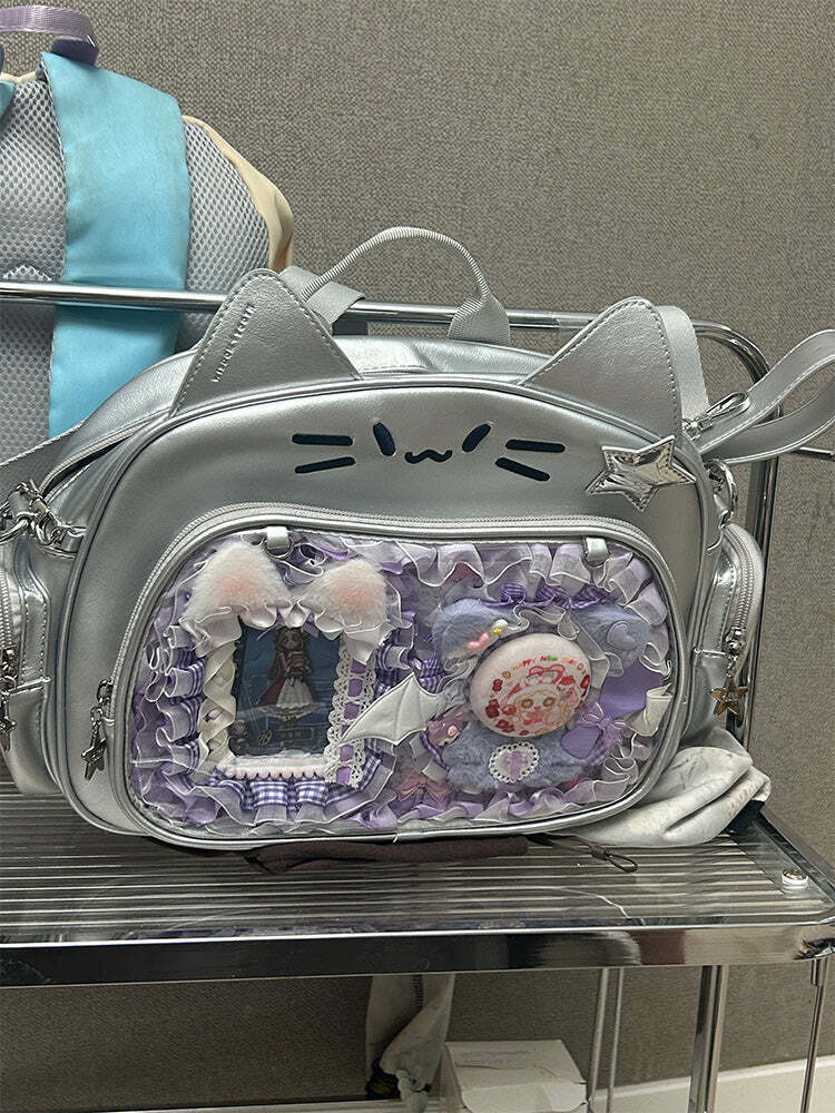 Silver Y2K Cat Backpack with Clear Window for Plushies and Pins Silver Y2K Cat Backpack with Clear Window for Plushies and Pins