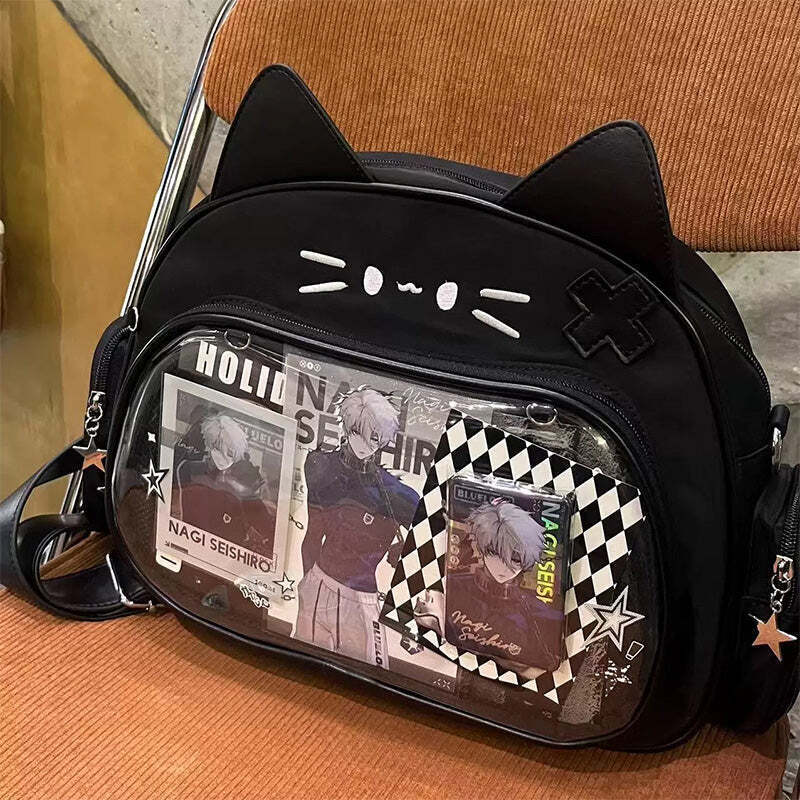 Silver Y2K Cat Backpack with Clear Window for Plushies and Pins Silver Y2K Cat Backpack with Clear Window for Plushies and Pins