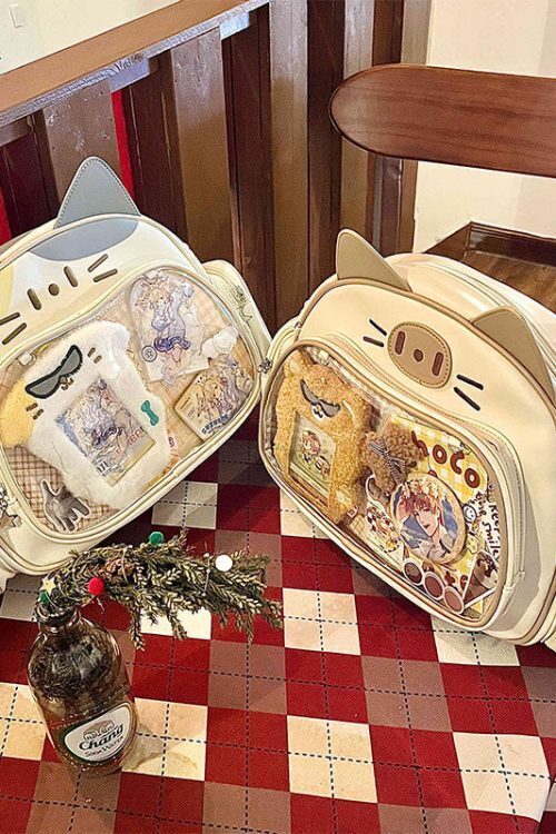 Silver Y2K Cat Backpack with Clear Window for Plushies and Pins