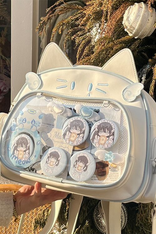 Silver Y2K Cat Backpack with Clear Window for Plushies and Pins