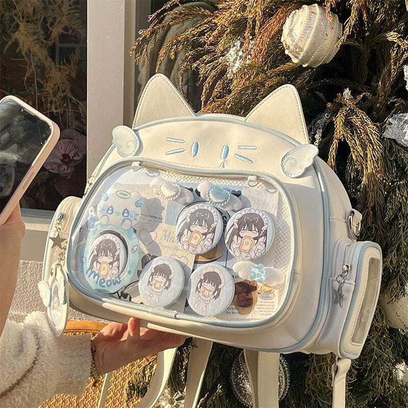 Silver Y2K Cat Backpack with Clear Window for Plushies and Pins Silver Y2K Cat Backpack with Clear Window for Plushies and Pins