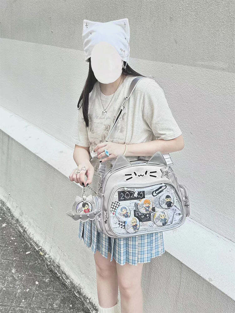 Silver Y2K Cat Backpack with Clear Window for Plushies and Pins Silver Y2K Cat Backpack with Clear Window for Plushies and Pins
