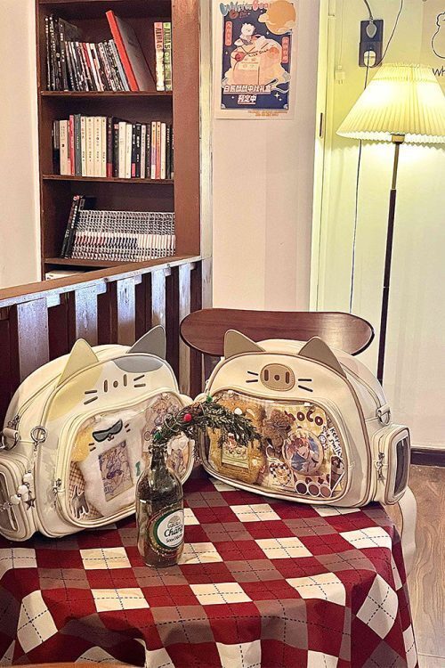 Silver Y2K Cat Backpack with Clear Window for Plushies and Pins