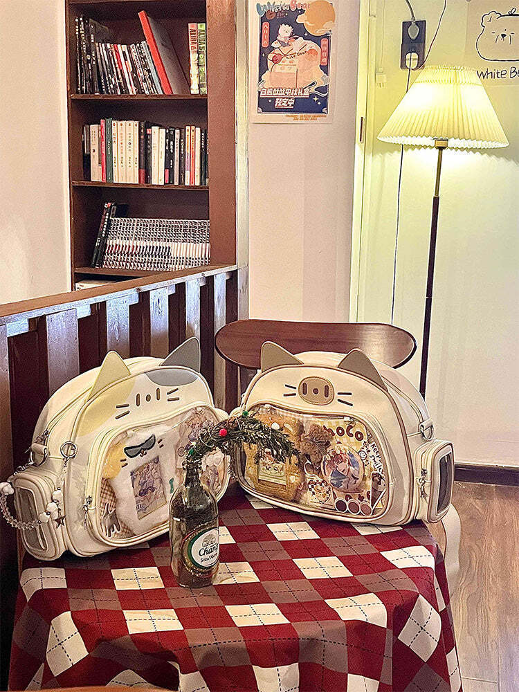 Silver Y2K Cat Backpack with Clear Window for Plushies and Pins Silver Y2K Cat Backpack with Clear Window for Plushies and Pins