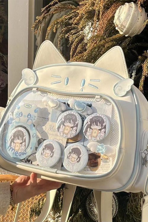 Silver Y2K Cat Backpack with Clear Window for Plushies and Pins