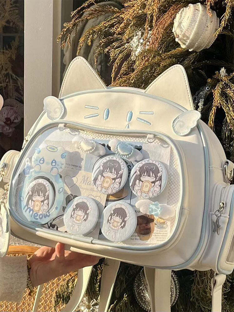 Silver Y2K Cat Backpack with Clear Window for Plushies and Pins Silver Y2K Cat Backpack with Clear Window for Plushies and Pins