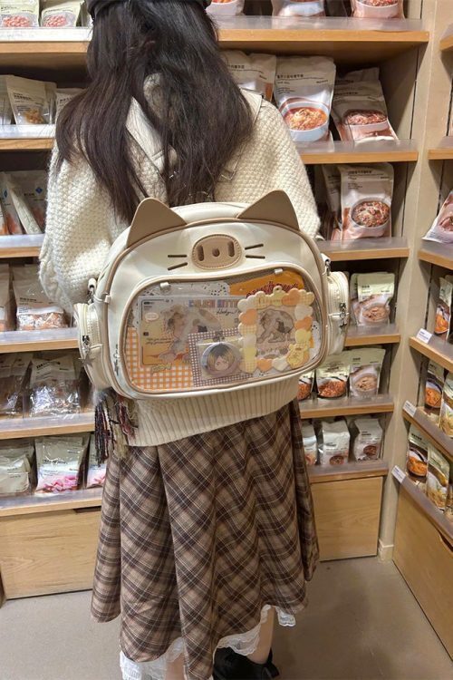 Silver Y2K Cat Backpack with Clear Window for Plushies and Pins